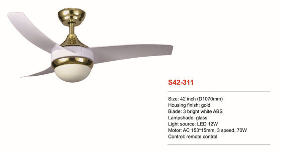 Lâminas brancas brilhantes do ABS do fã de teto 3 de controle remoto de um Dimmable de 42 polegadas