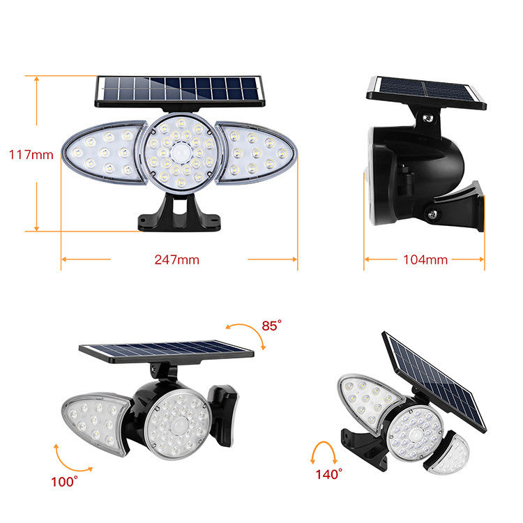 Três luz da parede do sensor solar do diodo emissor de luz das cabeças 100-400LM 38PCS para o caminho