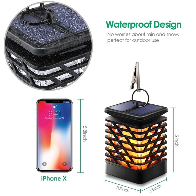 Tocha solar de suspensão exterior que ilumina-se para o jardim, lâmpada solar impermeável das chamas com luz de cintilação 2 do efeito da chama