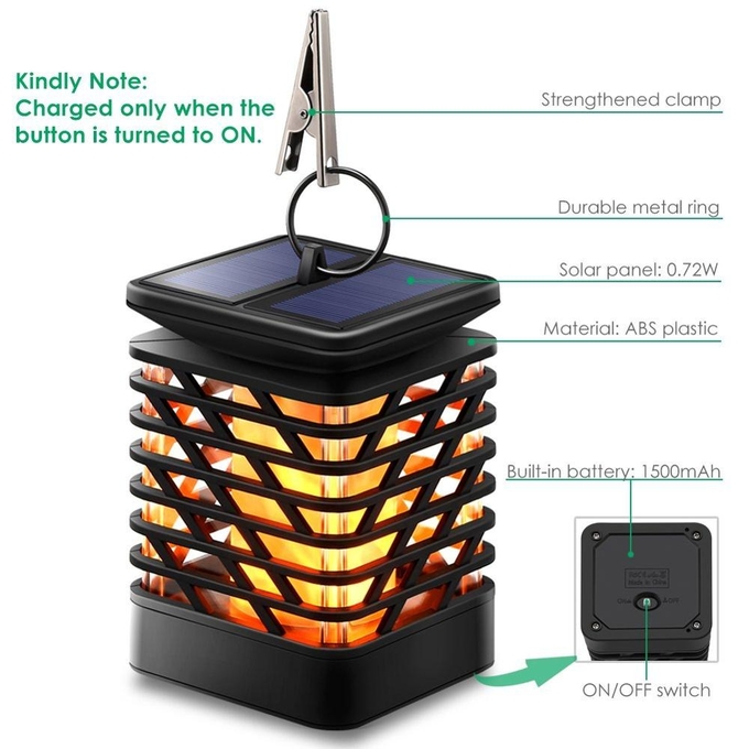 Tocha solar de suspensão exterior que ilumina-se para o jardim, lâmpada solar impermeável das chamas com luz de cintilação 1 do efeito da chama