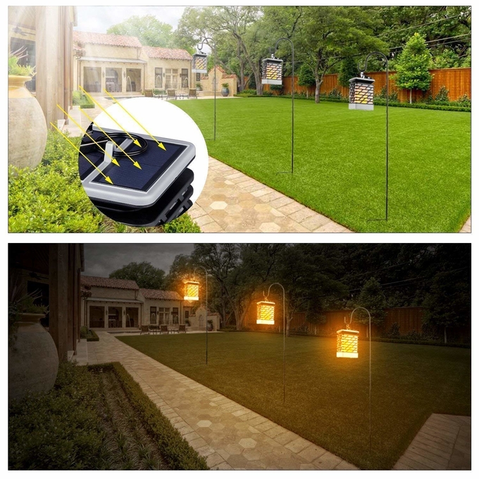Tocha solar de suspensão exterior que ilumina-se para o jardim, lâmpada solar impermeável das chamas com luz de cintilação 4 do efeito da chama